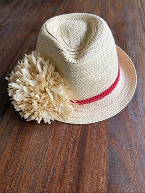 LOFT Beige Straw Fedora with Red Band and Beige Pom